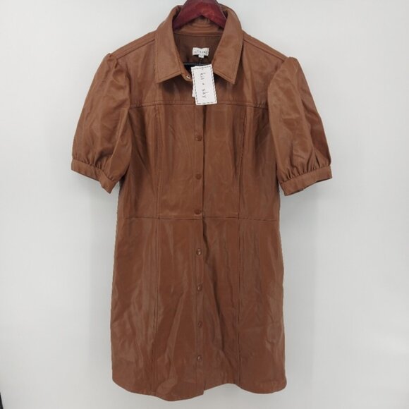 KIT  SKY Faux-Leather Puff-Sleeve Button-Down Pleated Dress Brown Size XXL - Picture 5 of 10
